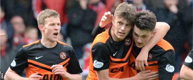 Scorer Robbie Muirhead (centre) is congratulated by John Souttar