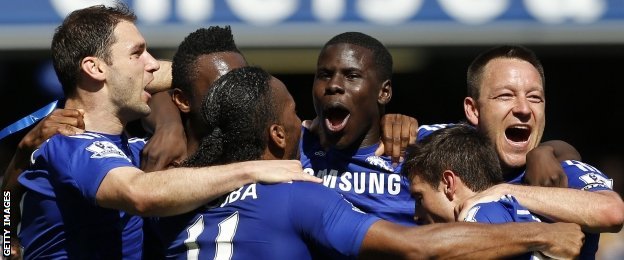 Chelsea's players celebrate after winning the title