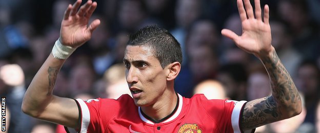 Angel Di Maria raises his arms playing for Man Utd against Everton in a recent Premier League game