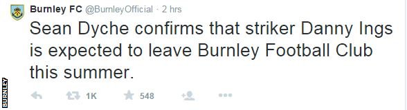 Burnley's Twitter confirms Ings exit