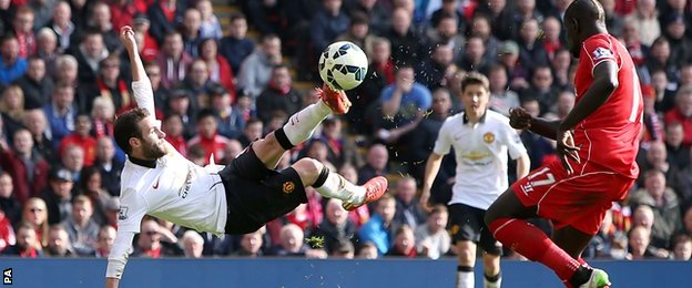 Juan Mata scored twice for Man Utd at Anfield, including a stunning scissor-kick