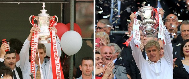 Arsene Wenger lifts the FA Cup for the first time in 1998 (l) and for the fifth time last year (r)