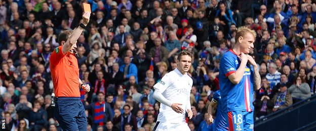 Referee Willie Collum (left) showed a red card to Inverness CT's Carl Tremarco after 74 minutes