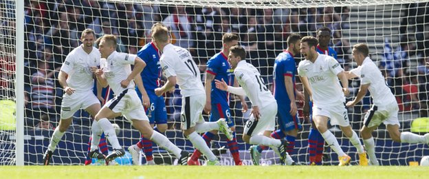 Peter Grant (2nd from left) celebrates after levelling for Falkirk