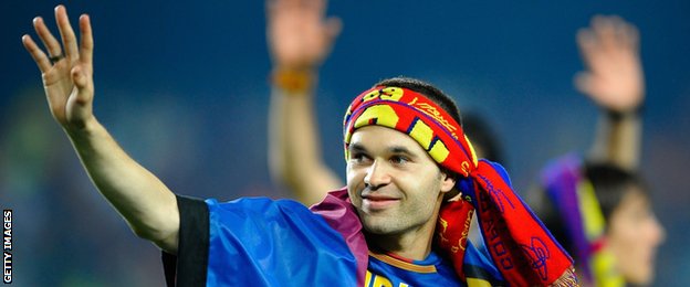 Andreas Iniesta celebrates Barcelona's 2009 Champions League victory over Manchester United