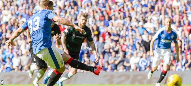 Martyn Waghorn scores the first of two penalties against Raith Rovers