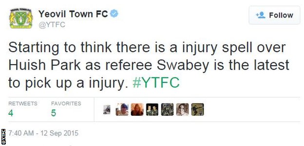 Yeovil Town tweet of referee's injury