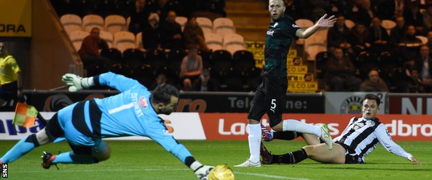 Lawrence Shankland slides in the leveller for St Mirren just before the interval