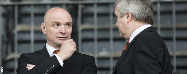 Dundee United chairman Stephen Thompson (left) looks concerned at McDiarmid Park