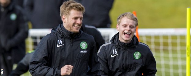 Stuart Armstrong and Gary Mackay-Steven enjoy Celtic training